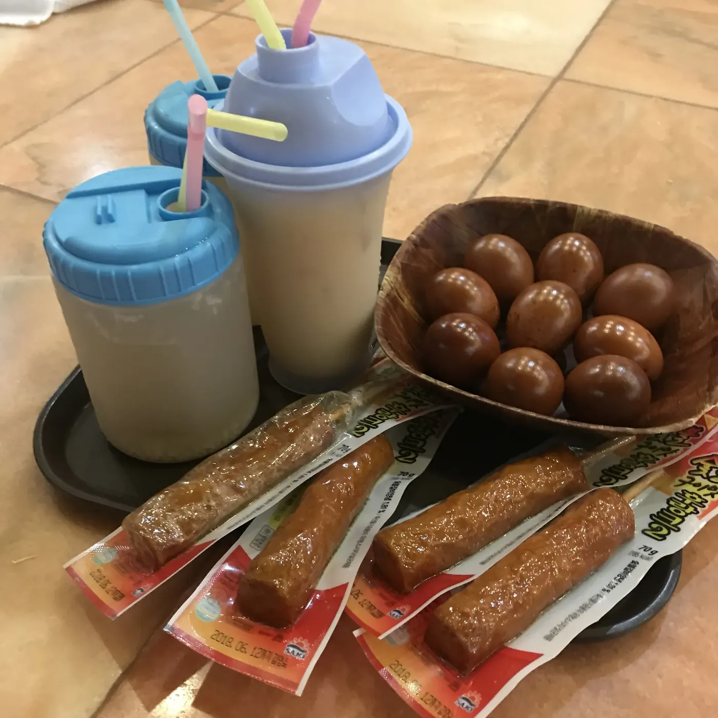 Boiled eggs and rice drink at a jjimjilbang